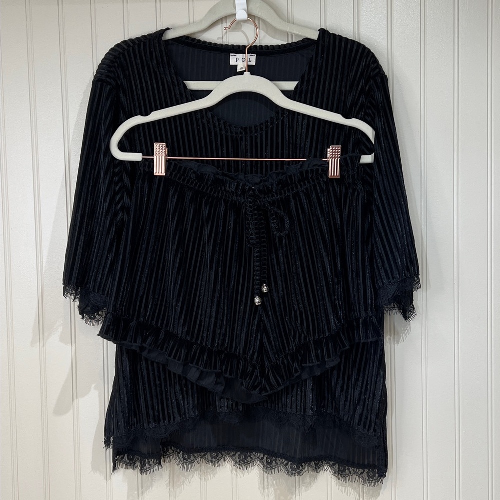 POL Black High Low Velvety Lace Ruffle Top Short Lounge set NWOT